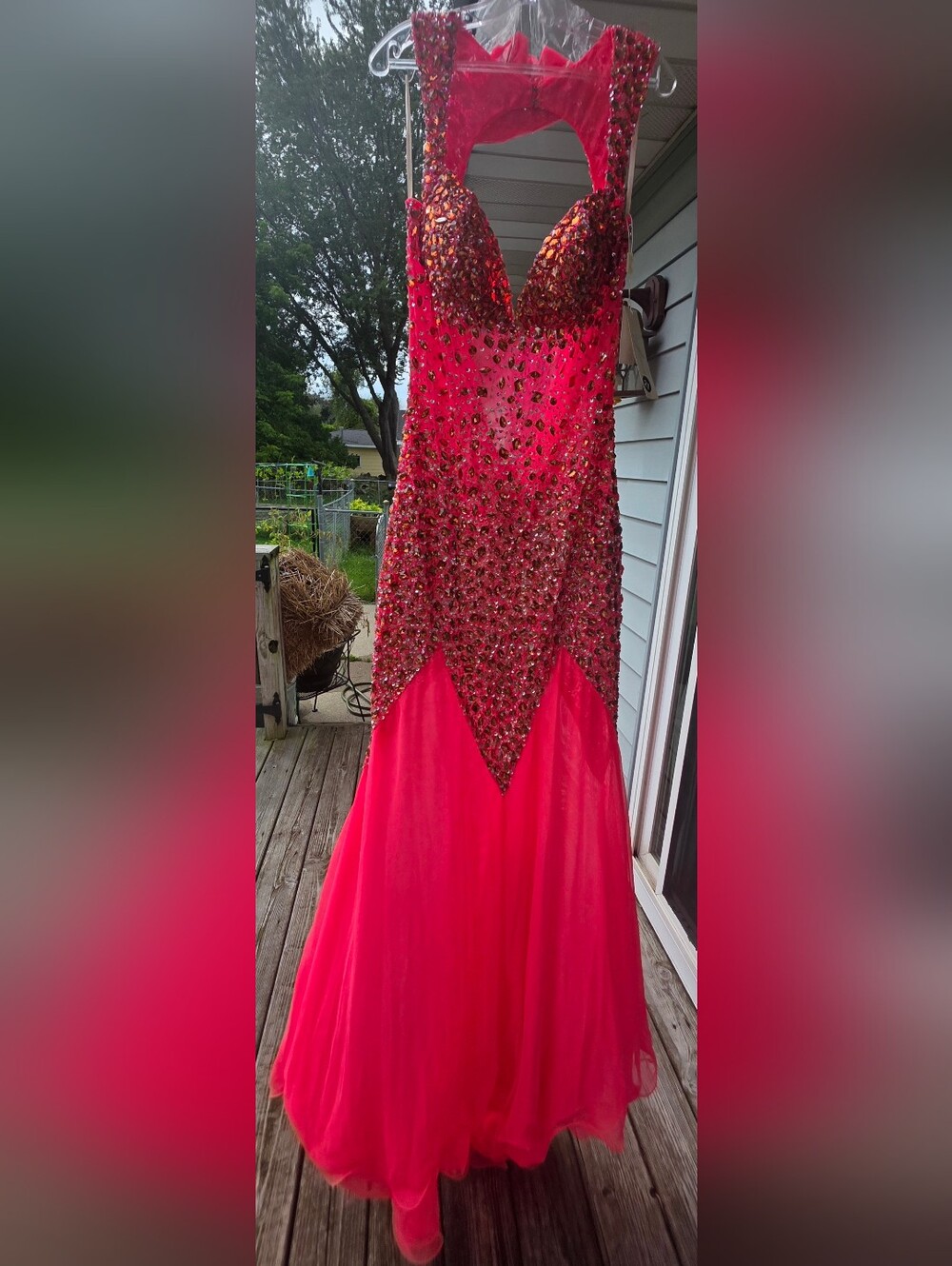 Beaded Hot Pink Prom Gown with Illusion Neckline